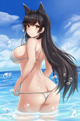Rule 34 | 1girl, absurdres, animal ears, ass, atago (azur lane), azur lane, bikini, black hair, blue sky, breasts, bubble, butt crack, cloud, cowboy shot, day, dog ears, extra ears, from behind, highres, large breasts, looking at viewer, looking back, mole, mole under eye, ocean, outdoors, parted lips, sideboob, sky, solo, swimsuit, vodka13, wading, water, wet, white bikini, yellow eyes