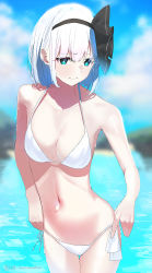 Rule 34 | 1girl, 38 (sanjuuhachi), adjusting clothes, adjusting swimsuit, aqua eyes, bare shoulders, bikini, black hairband, black ribbon, blurry, blurry background, blush, bob cut, breasts, bright pupils, cleavage, closed mouth, cloud, cloudy sky, commentary request, cowboy shot, depth of field, hair ribbon, hairband, hands on own hips, highres, konpaku youmu, lake, looking at viewer, medium breasts, outdoors, raised eyebrows, ribbon, short hair, side-tie bikini bottom, silver hair, sky, solo, standing, stomach, string bikini, swimsuit, thigh gap, touhou, twitter username, water, water drop, wet, white bikini, white pupils