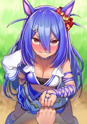 Rule 34 | 1boy, 1girl, animal ears, arm at side, blue hair, blush, breasts, cleavage, ear scrunchie, feet out of frame, fist bump, from above, hair ornament, hairclip, hand on own hip, hcstyrus ii, highres, hishi amazon (umamusume), horse ears, horse girl, legs apart, long hair, looking at viewer, medium breasts, midriff, navel, nose blush, orange eyes, outdoors, pov, shadow, single sleeve, skirt, smile, solo focus, standing, sweat, trainer (umamusume), umamusume, v-shaped eyebrows, white skirt