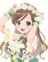 Rule 34 | 1girl, arms up, bare shoulders, blurry, bow, breasts, brown hair, choker, cleavage, depth of field, dot nose, dress, dress bow, etou misaki (idolmaster), falling petals, floral print dress, flower, flower wreath, green bow, green eyes, green ribbon, highres, idolmaster, idolmaster cinderella girls, idolmaster cinderella girls starlight stage, long hair, looking at viewer, medium breasts, neck ribbon, off-shoulder dress, off shoulder, open mouth, petals, ribbon, short sleeves, simple background, smile, solo, sukoyaka (100hituzi), teeth, upper body, upper teeth only, white background, white choker, white dress, white flower, wrist guards