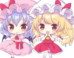 Rule 34 | 2girls, :d, ascot, bat wings, blonde hair, blue hair, blush, bow, brooch, chibi, closed mouth, collar, collared dress, commentary request, dress, eyelashes, feet out of frame, finger to mouth, flandre scarlet, frilled collar, frilled dress, frills, gem, hand to own mouth, hat, hat bow, jewelry, kagome f, light blue hair, light smile, looking at viewer, mob cap, multiple girls, open mouth, petticoat, pink dress, pink hat, puffy short sleeves, puffy sleeves, red ascot, red bow, red footwear, red sash, red skirt, red vest, remilia scarlet, sash, shirt, shoes, short hair, short sleeves, side ponytail, simple background, skirt, skirt set, smile, socks, touhou, vest, white background, white hat, white legwear, white shirt, wings, yellow ascot, yellow eyes