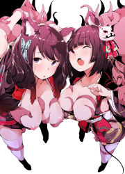 Rule 34 | 2girls, :o, animal ear fluff, animal ears, arm grab, arms up, azur lane, bell, black hair, black kimono, blunt bangs, blush, bob cut, breasts, breasts out, butterfly hair ornament, cat ears, cat mask, collarbone, eyebrows, fang, foreshortening, furrowed brow, fusou (azur lane), hair ornament, hair tubes, japanese clothes, jingle bell, kimono, large breasts, legs apart, long hair, long sleeves, low twintails, mask, mask on head, multiple girls, nipples, obi, open mouth, purple eyes, red eyes, red ribbon, restrained, ribbon, sash, short hair, short kimono, simple background, standing, tentacles, thighhighs, twintails, ushiro muki, white background, white legwear, wide sleeves, yamashiro (azur lane), zettai ryouiki
