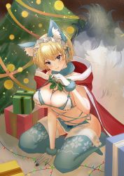 Rule 34 | 1girl, animal ear fluff, animal ears, bare arms, bare shoulders, blonde hair, blue eyes, blue thighhighs, bow, breasts, cape, christmas, christmas lights, christmas tree, cleavage, cloak, commentary, dishy galaxr, extra ears, fluffy, full body, fur choker, fur trim, gift, girls&#039; frontline, green bow, hair between eyes, hair ornament, headdress, large breasts, looking at viewer, mole, mole on breast, mole under eye, no shoes, revealing clothes, seiza, sitting, smile, snowflake print, solo, spread legs, striped, striped bow, tail, thighhighs, thighs, vsk-94 (christmas eve detective) (girls&#039; frontline), vsk-94 (girls&#039; frontline), white headwear