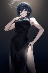Rule 34 | 1girl, absurdres, armpits, bara (03 bara ), bare arms, bare shoulders, between fingers, black background, black dress, black hair, blue eyes, breasts, cigarette, dress, evening gown, from below, gradient background, hand on own hip, highres, holding, holding cigarette, looking at viewer, looking down, medium breasts, original, pelvic curtain, short hair, smoke, smoking, solo, yokoyama ishimi