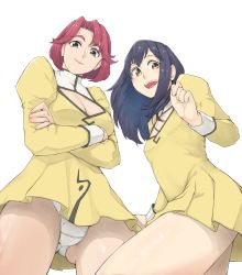 Rule 34 | 1990s (style), 2girls, agent aika, aika (series), bianca (agent aika), black hair, breasts, brown eyes, cleavage, cleavage cutout, closed mouth, clothing cutout, cropped legs, crossed arms, crotch, delmo, dress, female focus, from below, golden delmo, highleg, highleg panties, highres, lipstick, long hair, looking at viewer, looking down, makeup, medium breasts, multiple girls, open mouth, panties, pantyshot, red hair, retro artstyle, rie petoriyacowa, short dress, short hair, simple background, small breasts, smile, standing, suou9400, thighs, trefoil, underwear, upskirt, very long hair, white background, white panties