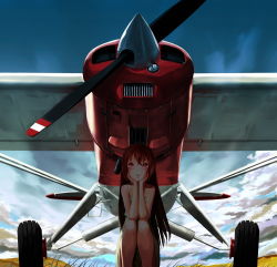 Rule 34 | 1girl, aircraft, airplane, cloud, hands on own chin, long hair, open mouth, original, red eyes, red hair, solo, squatting, throtem, vehicle focus
