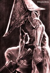 Rule 34 | 1boy, absurdres, akusaka memau, gloves, greyscale, helmet, highres, holding, male focus, monochrome, monster boy, muscular, muscular male, no humans, pyramid head, silent hill (series), silent hill 2, solo, sword, weapon