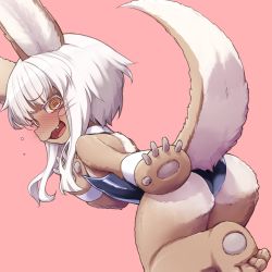 Rule 34 | 1girl, :3, :d, animal ears, ass, bare legs, bare shoulders, barefoot, blue leotard, blush, body fur, colored eyelashes, fake animal ears, fang, furry, furry female, highres, horizontal pupils, leg up, leotard, long hair, made in abyss, mochi (mochi444420), nanachi (made in abyss), nontraditional playboy bunny, nose blush, open mouth, orange eyes, pink background, playboy bunny, rabbit ears, short hair with long locks, smile, solo, strapless, strapless leotard, tail, tail raised, whiskers, white hair