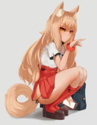 Rule 34 | 10s, 1girl, absurdres, animal ear fluff, animal ears, bag, bag charm, black footwear, blonde hair, blush, cellphone, charm (object), closed mouth, commission, ehrrr, fate/extra, fate (series), fox ears, fox shadow puppet, fox tail, from side, full body, grey background, high-waist skirt, highres, holding, holding phone, kneehighs, long hair, looking at viewer, looking to the side, medium skirt, phone, platform footwear, pouty lips, red scrunchie, red skirt, red socks, ribbon-trimmed skirt, ribbon trim, school bag, scrunchie, shirt, shoes, short sleeves, simple background, skirt, smartphone, socks, solo, squatting, suzuka gozen (fate), tail, thighs, tsurime, very long hair, white background, white shirt, wrist scrunchie, yellow eyes