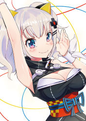 Rule 34 | 1girl, arm up, armpits, black dress, blue eyes, breasts, cleavage, cleavage cutout, closed mouth, clothing cutout, dress, hair ornament, kaguya luna, large breasts, looking at viewer, obi, ribbon, sash, short hair, silver hair, simple background, sleeveless, sleeveless dress, smile, solo, the moon studio, twintails, virtual youtuber, white background, white ribbon, wrist ribbon, x hair ornament, yumi (milomonkey)