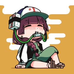 Rule 34 | 1girl, alcohol carton, arm support, beer hat, black jacket, blunt bangs, blush, bocchi the rock!, braid, carton, chibi, closed eyes, commentary, dress, drinking, earrings, egasumi, english commentary, full body, geta, green dress, hair over shoulder, hat, hiroi kikuri, jacket, jaggy lines, jewelry, long hair, long sleeves, mobcap, mouth hold, multicolored clothes, multicolored jacket, open clothes, open jacket, single braid, sitting, solo, two-tone jacket, white hat, white jacket