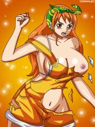 Rule 34 | 1girl, breasts, darkuro 27, female focus, nami (one piece), nipples, one piece, overalls