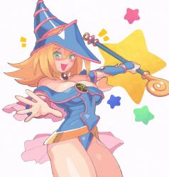 Rule 34 | 1girl, bare shoulders, blonde hair, blue footwear, blue hat, blush, blush stickers, breasts, choker, cleavage, dark magician girl, duel monster, green eyes, hair between eyes, hat, hexagram, highres, holding, holding wand, inkerton-kun, large breasts, long hair, looking at viewer, open mouth, pentacle, pentagram, smile, solo, staff, star (symbol), wand, white background, wizard hat, yu-gi-oh!, yu-gi-oh! duel monsters