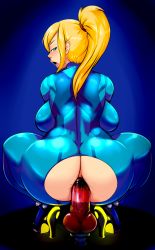 Rule 34 | 1girl, anal, anal object insertion, ass, blonde hair, blue eyes, bodysuit, breasts, dildo, female masturbation, high heels, highres, large breasts, latex, long hair, looking back, masturbation, metroid, nintendo, object insertion, open mouth, ponytail, pussy, samus aran, sex toy, sideboob, solo, thecon, transparent, uncensored, zero suit