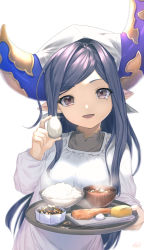 Rule 34 | 1girl, apron, arulumaya, black hair, brown eyes, egg, food, granblue fantasy, harvin, head scarf, holding, holding tray, horns, kappougi, long hair, looking at viewer, matsuki tou, mole, mole under eye, omelet, open mouth, pointy ears, simple background, smile, solo, swept bangs, tenugui, tray, very long hair, white apron, white background