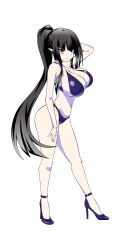 Rule 34 | 1girl, absurdres, atre, bikini, black bikini, black hair, blush, breasts, cleavage, closed mouth, highres, jashin-chan dropkick, large breasts, long hair, looking at viewer, moyuru pen, navel, pointy ears, ponytail, red eyes, simple background, smile, solo, swimsuit, white background