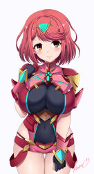 Rule 34 | 1girl, armor, black gloves, breasts, chest jewel, covered navel, fingerless gloves, gloves, hand up, highres, kasai shin, large breasts, light blush, looking at viewer, pyra (xenoblade), red armor, red eyes, red hair, red shorts, short hair, short shorts, shorts, signature, smile, solo, swept bangs, tiara, white background, xenoblade chronicles (series), xenoblade chronicles 2