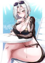 1girl, arm under breasts, bare legs, beach chair, bikini, black bikini, black neckwear, blush, breasts, brown eyes, carmilla (fate), carmilla (swimsuit rider) (fate), choker, cleavage, collarbone, eyebrows visible through hair, eyewear on head, fate/grand order, fate (series), feet out of frame, fue (rhomphair), hair between eyes, highres, large breasts, legs crossed, long hair, long sleeves, looking at viewer, o-ring, official alternate costume, outdoors, parted lips, sitting, solo, sunglasses, swimsuit, swimwear, table, thighs, white hair