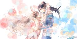 Rule 34 | 1boy, 1girl, animal ears, backless dress, backless outfit, black hair, blue suit, blush, closed mouth, couple, douluo dalu, dress, formal, from side, highres, jewelry, ke yi ke zai, looking down, open mouth, pink dress, ponytail, rabbit ears, ring, smile, suit, tang san, upper body, veil, white background, xiao wu (douluo dalu)
