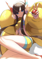 Rule 34 | 1girl, ass, black hair, blue eyes, blunt bangs, breasts, closed mouth, creatures (company), down jacket, elesa (pokemon), game freak, highres, holding, holding poke ball, jacket, legs, looking at viewer, medium breasts, nintendo, nuneno, poke ball, poke ball (basic), pokemon, pokemon bw2, simple background, smile, solo, thighs, w, white background