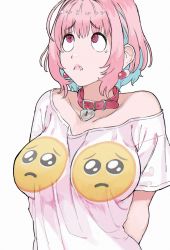 Rule 34 | 1girl, arms behind back, blue hair, collar, collarbone, colored inner hair, earrings, emoji, fang, fang out, frown, giganticbuddha, highres, idolmaster, idolmaster cinderella girls, jewelry, looking up, multicolored hair, off shoulder, pill earrings, pink eyes, pink hair, pleading face emoji, print shirt, red collar, shirt, short hair, solo, sweatdrop, t-shirt, upper body, white background, yumemi riamu