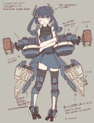 Rule 34 | 1girl, absurdres, battle of titans, blue eyes, blue hair, character profile, chest armor, crossed arms, dark blue hair, headgear, highres, hozukikasumi, low twintails, mecha musume, mechanical legs, mechanical parts, multishot rocket launcher, one eye closed, personification, rocket launcher, thighhighs, thrusters, twintails, weapon