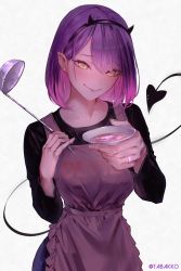 Rule 34 | 1girl, absurdres, apron, commentary, demon girl, demon tail, earrings, highres, holding, holding ladle, hololive, hyde (tabakko), jewelry, ladle, looking at viewer, nail polish, piercing, plate, pointy ears, purple hair, ring, short hair, simple background, smile, solo, tail, tail ornament, tail piercing, tasting plate, tokoyami towa, twitter username, virtual youtuber, wedding ring, white background, yellow eyes