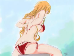 Rule 34 | 1girl, ass, bikini, blonde hair, breasts, butt crack, claire harvey, highres, hundred (light novel), large breasts, long hair, solo, swimsuit, tagme
