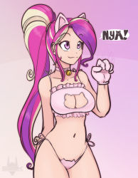 Rule 34 | arm behind back, bell, breasts, cat lingerie, cleavage, gloves, highres, large breasts, long hair, meme attire, multicolored hair, my little pony, my little pony: friendship is magic, navel, personification, pink background, pink eyes, cadance (my little pony), scorpdk, smile, waving