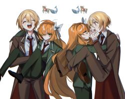 Rule 34 | 2girls, blonde hair, blush, brown coat, carrying, closed eyes, coat, don quixote (project moon), formal, freckles, green eyes, green suit, highres, ishmael (project moon), jacket, limbus company, mu46016419, multiple girls, necktie, orange hair, project moon, red necktie, shirt, suit, yellow eyes, yuri