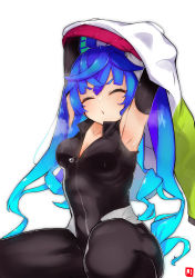 Rule 34 | 1girl, absurdres, ahoge, armpits, arms up, artist logo, black bodysuit, blue hair, bodysuit, breasts, closed eyes, gradient hair, highres, hood, hoodie, johnny (braun-kan cafe), multicolored hair, partially unzipped, simple background, small breasts, solo, squatting, steaming body, twin turbo (umamusume), umamusume, undressing, v-shaped eyebrows, white background