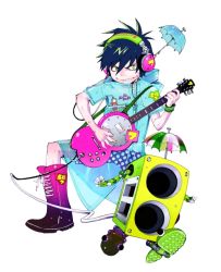 Rule 34 | 1boy, boots, grin, guitar, headphones, instrument, kazue kato, male focus, smile, solo, umbrella