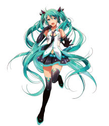 Rule 34 | 1girl, aqua eyes, aqua hair, boots, elbow gloves, gloves, hatsune miku, headset, highres, long hair, murakami yuichi, navel, necktie, open mouth, simple background, skirt, solo, thigh boots, thighhighs, twintails, very long hair, vocaloid, white background