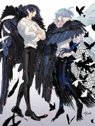 Rule 34 | 2boys, animal feet, animal hands, artist name, barefoot, bishounen, black footwear, black hair, blue pants, bob cut, bug, butterfly, claws, crossed arms, crossover, crown, deltapork, earrings, faceoff, fate/grand order, fate (series), feathered wings, feathers, floating, floating hair, from side, full body, gradient background, grey background, grey hair, hairstyle connection, hand on own hip, hand up, highres, howl (howl no ugoku shiro), howl no ugoku shiro, insect, insect wings, jewelry, light particles, long sleeves, looking at another, looking away, looking down, multiple boys, necklace, oberon (fate), oberon (third ascension) (fate), pants, popped collar, profile, shirt, shoes, silhouette, spoilers, thinking, trait connection, white shirt, wings