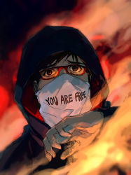 Rule 34 | 1boy, black hair, commentary, english commentary, english text, fisheye placebo, glasses, hood, hood up, hooded jacket, jacket, male focus, mask, mouth mask, scared, solo, vance lee (fisheye placebo), yuumei