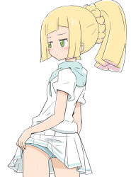 Rule 34 | 1girl, absurdres, ass, blonde hair, blue panties, blush, braid, closed mouth, clothes lift, commentary request, cowboy shot, creatures (company), french braid, from behind, game freak, green eyes, high ponytail, highres, lifting own clothes, lillie (pokemon), long hair, nagitaro, nintendo, panties, pantyshot, pleated skirt, pokemon, pokemon sm, shirt, short sleeves, simple background, skirt, skirt lift, solo, underwear, white background, white shirt, white skirt