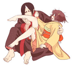 Rule 34 | 1boy, 1girl, barefoot, black hair, blush, e-0057, hoozuki (hoozuki no reitetsu), hoozuki no reitetsu, horns, japanese clothes, kissing foot, looking at another, on lap, oni horns, peach maki, short hair, surprised