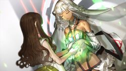 Rule 34 | 2girls, altera (fate), bare shoulders, black nails, bow, bra, brown hair, choker, closed mouth, dark-skinned female, dark skin, dress, closed eyes, fate/extella, fate/extra, fate (series), game cg, glowing, green bow, highres, holding hands, kishinami hakuno (female), long hair, looking at another, multiple girls, nail polish, non-web source, official art, photoshop (medium), shadow, underwear, veil, wada arco, wavy hair, white dress, white hair