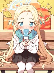Rule 34 | 1girl, bench, blonde hair, blue archive, blue eyes, blue halo, feet out of frame, forehead, halo, holding, holding phone, leaf, long hair, long sleeves, looking at viewer, on bench, onyhakase, open mouth, phone, sitting, solo, sora (blue archive), two side up