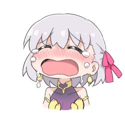 Rule 34 | 1girl, bare shoulders, blush, chibi, closed eyes, crying, fate/grand order, fate (series), grey hair, hair ribbon, kama (fate), kama (first ascension) (fate), nose blush, not on shana, open mouth, pink ribbon, ribbon, short hair, simple background, solo, tears, upper body, white background