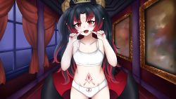 Rule 34 | 1girl, androxg, belly, black hair, blush, blush stickers, bra, carpet, ceiling, commission, curtains, demon girl, demon horns, demon wings, eyebrows, eyelashes, fangs, fingernails, hallway, highres, horns, idol corp, knee up, lily sin, long hair, multicolored hair, navel, open mouth, panties, pointing, pointy ears, portrait (object), red carpet, red eyes, ribbon, underwear, virtual youtuber, white bra, white panties, window, wings
