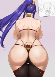 Rule 34 | 1girl, ass, back, back tattoo, backboob, backless outfit, bdsm, black pants, blazblue, body writing, bow, breasts, chibi, chibi inset, collar, curvy, drooling, facing away, from behind, gradient background, hair bow, halterneck, handprint, high ponytail, huge ass, huge breasts, kunaboto, long hair, mai natsume, pants, profanity, purple hair, revealing clothes, sideboob, sidelocks, simple background, slap mark, slave, solo, spanked, spoken question mark, stray pubic hair, tattoo, thick thighs, thighs, tramp stamp, translated, wide hips, yellow bow