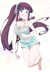 Rule 34 | 1girl, barefoot, blue eyes, blue shorts, blunt bangs, blush, breasts, brown hair, cleavage, collarbone, floating hair, full body, headphones, long hair, looking at viewer, makicha (sasurainopink), medium breasts, new game!, open mouth, ponytail, shirt, short shorts, shorts, sidelocks, simple background, sleeveless, sleeveless shirt, solo, striped clothes, striped shirt, takimoto hifumi, very long hair, white background