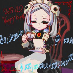 Rule 34 | 1girl, 2019, bloody marie (skullgirls), brooch, chair, cup, grey hair, hair ornament, half-closed eyes, hayanye, jewelry, lowres, maid headdress, musical note, red eyes, sitting, skull hair ornament, skullgirls, smile, solo, table, teacup, twintails