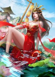 Rule 34 | 1girl, absurdres, bad link, bare legs, bare shoulders, bird, blue sky, brown hair, building, cai lin (doupo cangqiong), chi meng wang liang, cloud, doupo cangqiong, dress, fish, highres, lantern, lily pad, long hair, parted lips, red dress, red eyes, second-party source, sitting, sky, solo, splashing, teeth