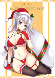 Rule 34 | 10s, 1girl, 2015, arm support, bikini, black thighhighs, blue eyes, breasts, christmas, cleavage, front-tie top, hasu (velicia), hat, highres, kantai collection, kashima (kancolle), long hair, looking at viewer, merry christmas, navel, sack, santa costume, santa hat, shiny skin, side-tie bikini bottom, silver hair, skindentation, smile, solo, swimsuit, thighhighs, twintails, wavy hair