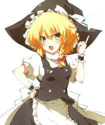 Rule 34 | 1girl, @yu, blonde hair, blush, bow, braid, colorized, female focus, hat, hat bow, highres, kirisame marisa, open mouth, puffy sleeves, short hair, short sleeves, side braid, simple background, single braid, solo, touhou, watao, white background, witch hat, wrist cuffs, yellow eyes