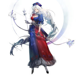 Rule 34 | 1girl, absurdly long hair, arrow (projectile), black footwear, blue dress, blue eyes, blue hat, bow (weapon), braid, breasts, brown gloves, circle, constellation print, cross, dress, full body, gloves, hat, highres, holding, holding arrow, holding weapon, long hair, looking at viewer, medium breasts, nurse cap, print headwear, puffy short sleeves, puffy sleeves, quiver, red cross, red dress, sash, shoes, short sleeves, silver hair, single braid, socks, solo, standing, tian (my dear), touhou, trigram, two-tone dress, very long hair, weapon, white background, white socks, yagokoro eirin