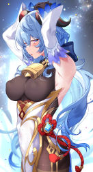 Rule 34 | absurdres, armpits, arms up, artist name, bare shoulders, bell, black gloves, black legwear, blue hair, blush, bow, breasts, chinese knot, covered erect nipples, covered navel, detached sleeves, flower knot, from side, ganyu (genshin impact), genshin impact, gloves, gold trim, highres, horns, large breasts, long hair, looking at viewer, low ponytail, multicolored eyes, neck bell, parted lips, red rope, rope, sideboob, sidelocks, sky, solo, standing, star (sky), starry sky, tassel, teltelhousi, thighlet, twitter username, very long hair, vision (genshin impact), white sleeves
