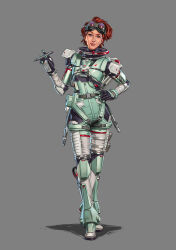 Rule 34 | 1girl, absurdres, apex legends, apex legends mobile, black gloves, commentary, english commentary, gloves, goggles, goggles on head, grey background, highres, holding, holding pen, horizon (apex legends), looking at viewer, official art, orange hair, pen, shadow, short hair, smile, solo, soojung lee, spacesuit